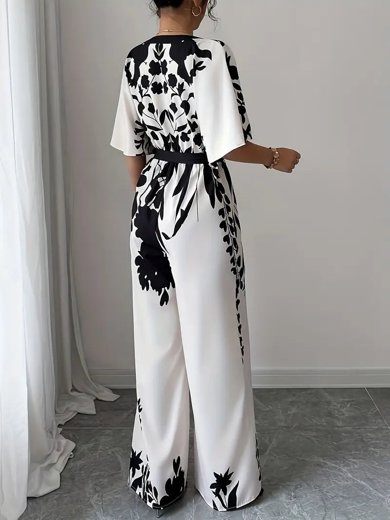Floral Deep V-Neck Long-Sleeve Wide-Leg Jumpsuit with Belt – Vacation & Summer Elegance