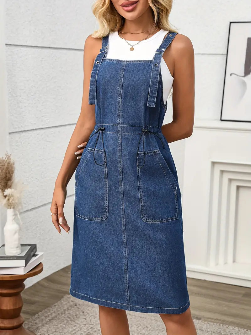 Spaghetti-Strap Denim Midi Dress with Adjustable Waist Tie & Button-Front Closure – Effortless Summer Elegance