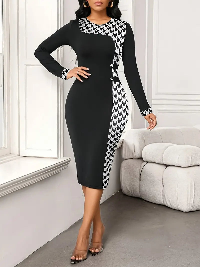 Elegant Polka Dot Bodycon Midi Dress with Button Detailing – Long Sleeve Knit Dress for Effortless Sophistication