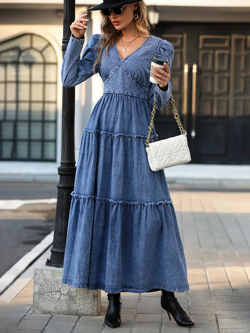 Vintage-Inspired European Denim Maxi Dress with Puffed Sleeves & Multi-Layered A-Line Cake Skirt – Graceful Elegance for Every Occasion