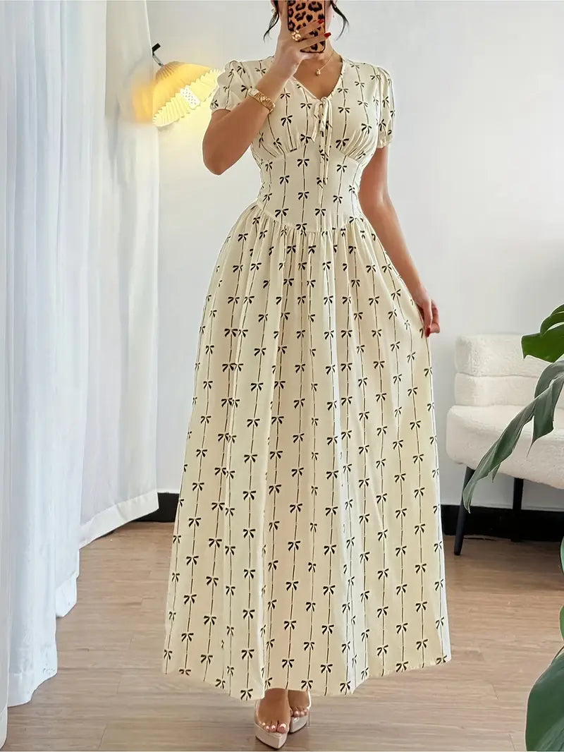 Elegant V-Neck Floral Print Maxi Dress with Tie-Back Detail