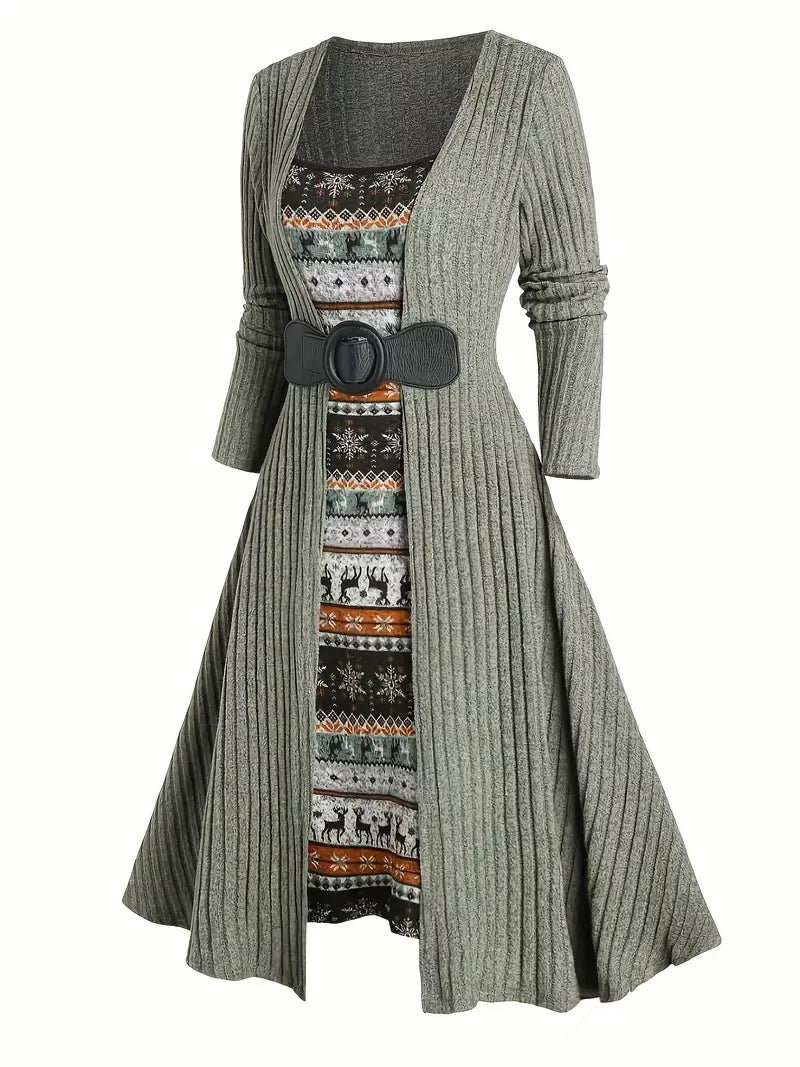Ribbed Long-Sleeve Cardigan Dress with Square Neck & Color-Block Detailing — A-Line Polyester Knit for Fall