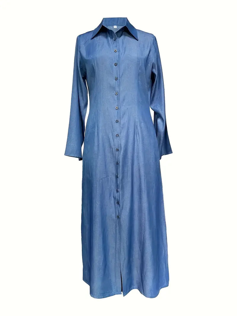 Button-Front Long-Sleeve Collared Maxi Dress — Solid Color, Casual & Versatile