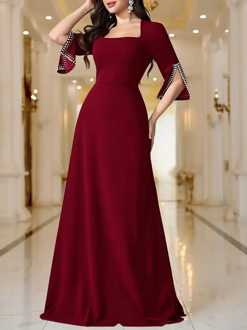 Maroon Long-Sleeve Pearl-Belted Midi Dress with Square Neck & Flowing A-Line Silhouette