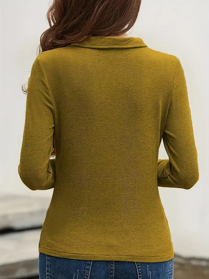 Solid-Color Zipper Knit Polyester Top — Spring/Summer Regular-Length