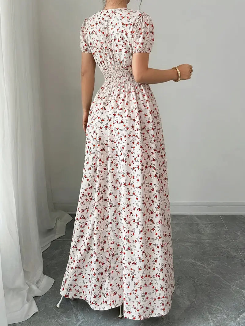 Scarlet Bloom V-Neck Floral Maxi Dress