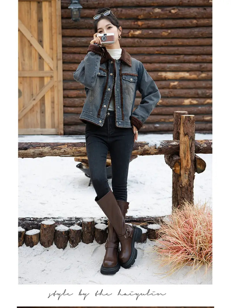 Oversized Retro Denim Jacket with Lamb Fleece Collar – Warm Winter Casual Outerwear for Women