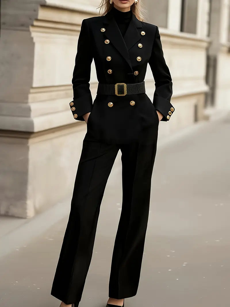 Elegant Black Double-Breasted Pantsuit – Sophisticated Wide-Leg Trouser Set for Office, Events & Evening Wear