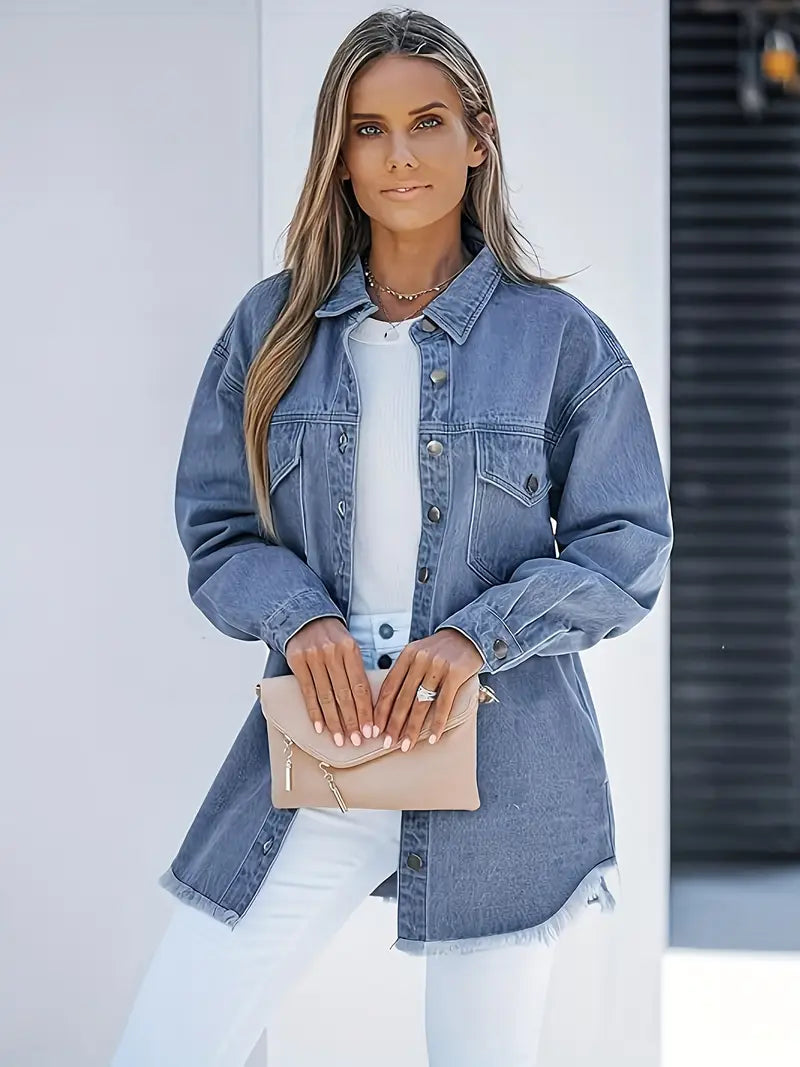 Oversized Fringe-Hem Denim Jacket – Western-Inspired Casual Outerwear for Women