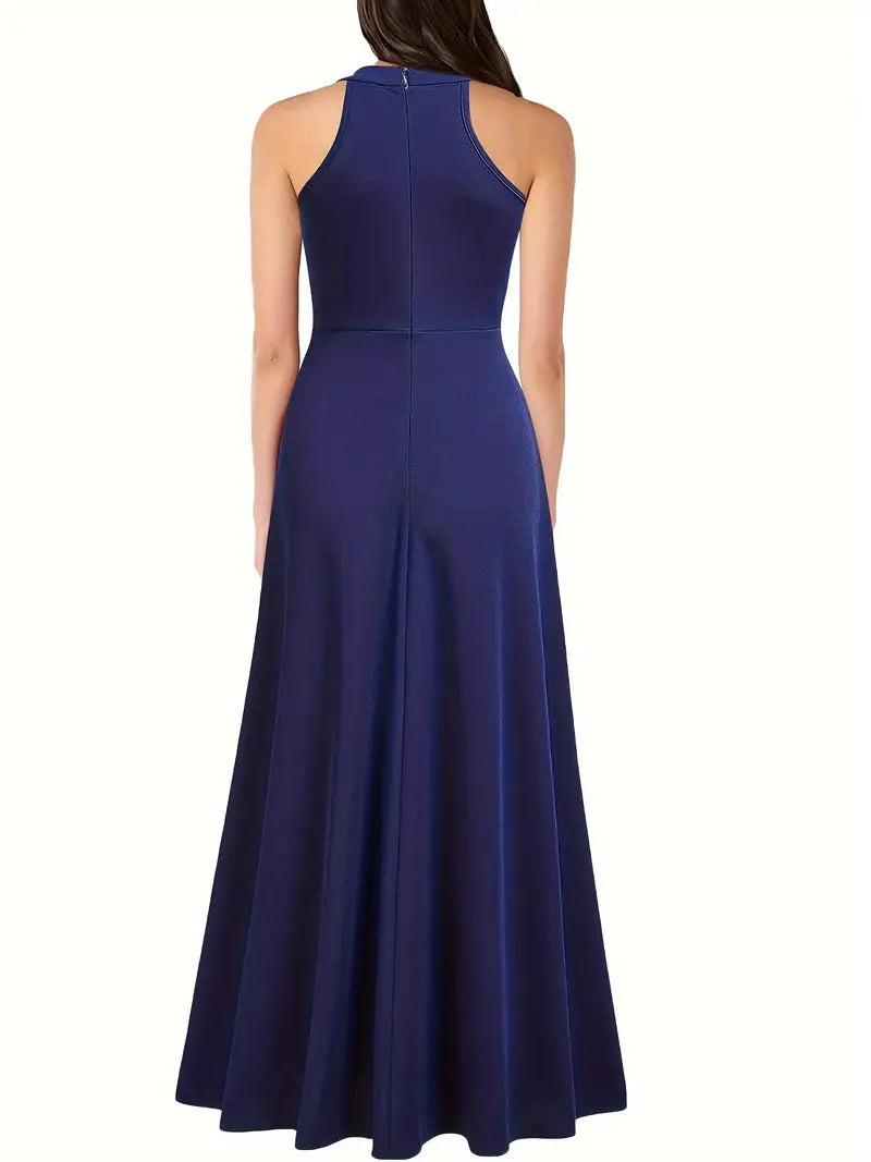 High-Waist Sleeveless Maxi Dress with Side Split – Elegant Crew Neck Formal & Party Wear