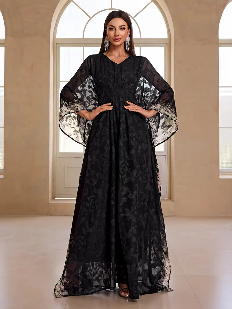 Elegant Cloud-Print Chiffon Two-Piece Party Set – Flowing V-Neck Top & Coordinated Skirt for Special Occasions