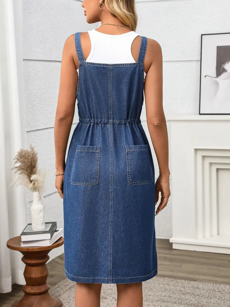 Spaghetti-Strap Denim Midi Dress with Adjustable Waist Tie & Button-Front Closure – Effortless Summer Elegance