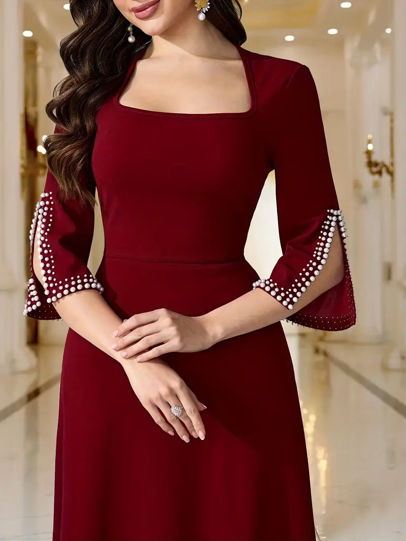 Maroon Long-Sleeve Pearl-Belted Midi Dress with Square Neck & Flowing A-Line Silhouette