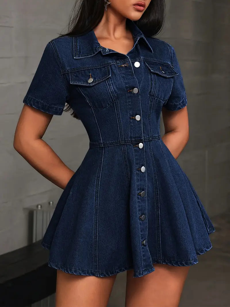 Classic Short-Sleeve Denim-Style Button-Front Dress with Pockets – Effortless Everyday Elegance