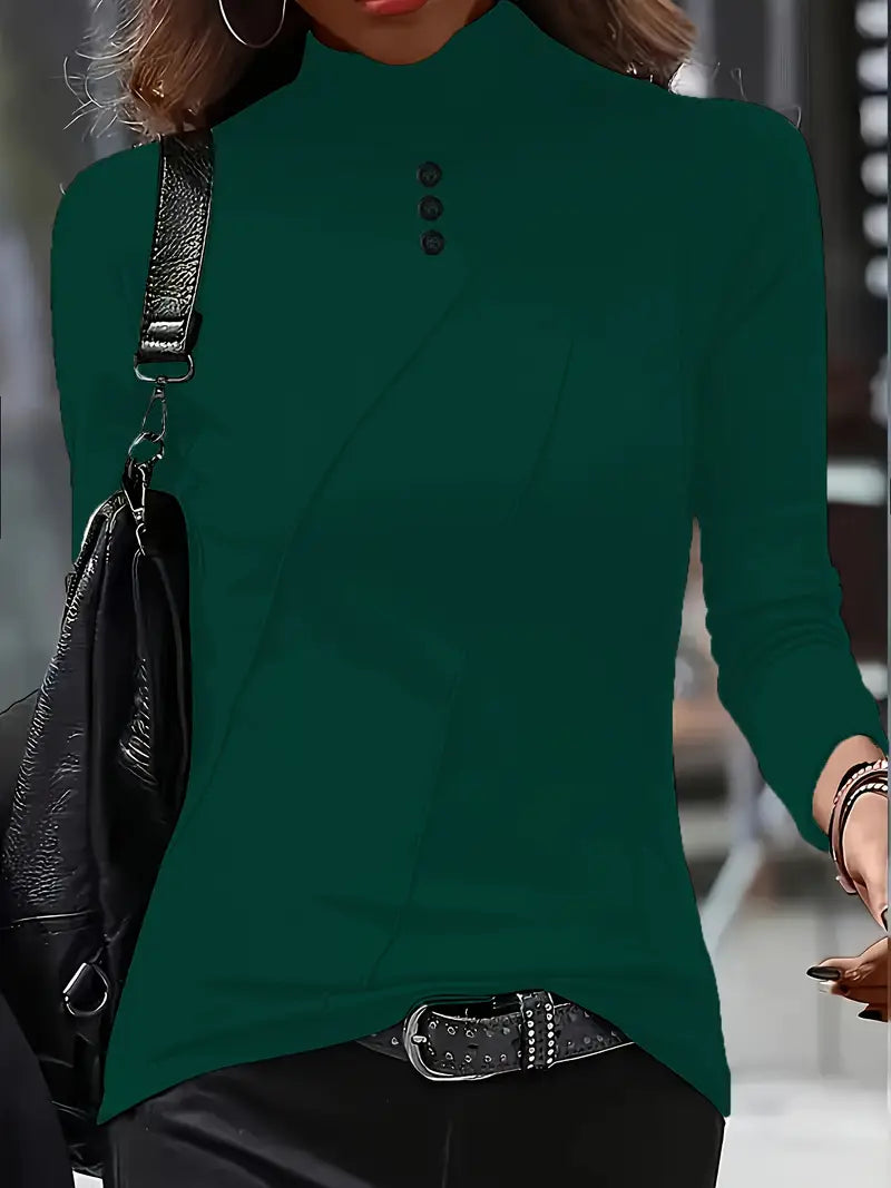 Elegant Long-Sleeve High-Neck Top with Decorative Buttons