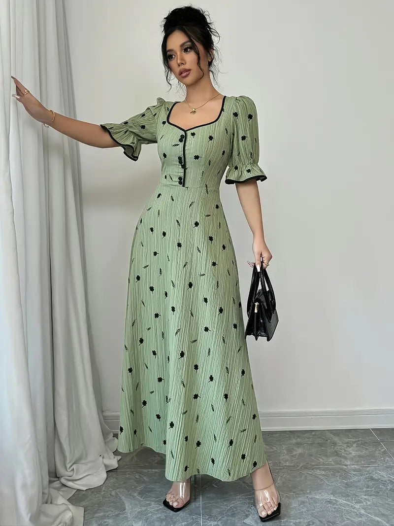 Elegant Floral Print Maxi Dress — Square Neck, Button Details & A-Line Silhouette