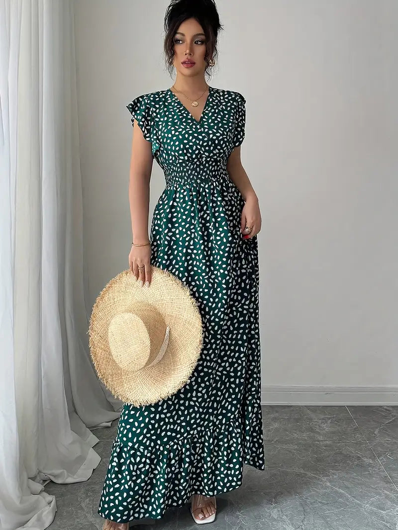 Polka Dot V-Neck Dress with Smocked & Ruched Detailing