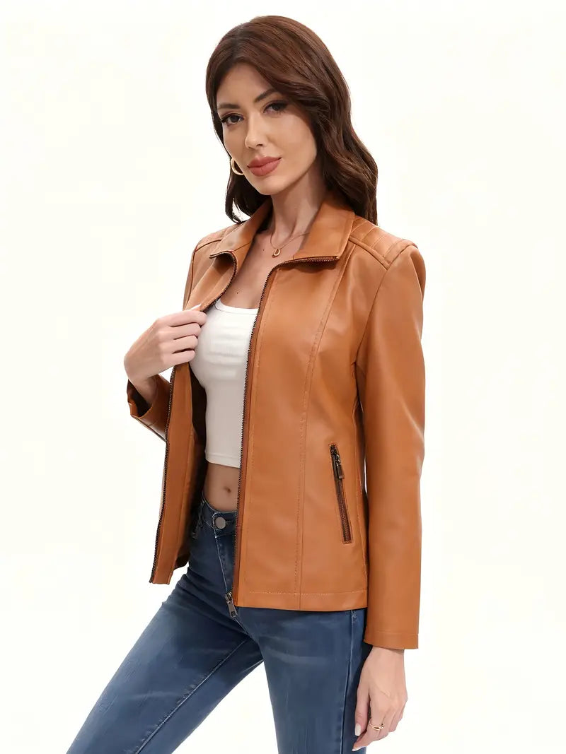 Women’s Windproof Short Faux Leather Jacket – Warm, Chic & Versatile Everyday Layer