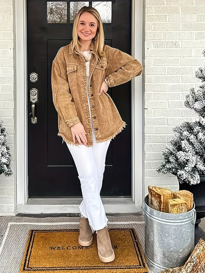 Oversized Fringe-Hem Denim Jacket – Western-Inspired Casual Outerwear for Women