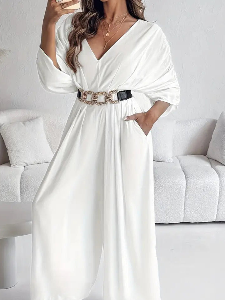 Elegant V-Neck Long-Sleeve Wide-Leg Jumpsuit with Tie-Back Detail