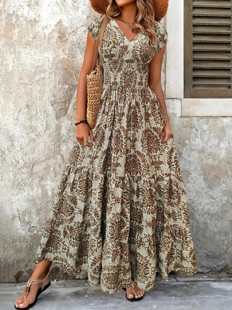 Elegant V-Neck Floral Maxi Dress – Green Summer A-Line Silhouette with Cinched Waist