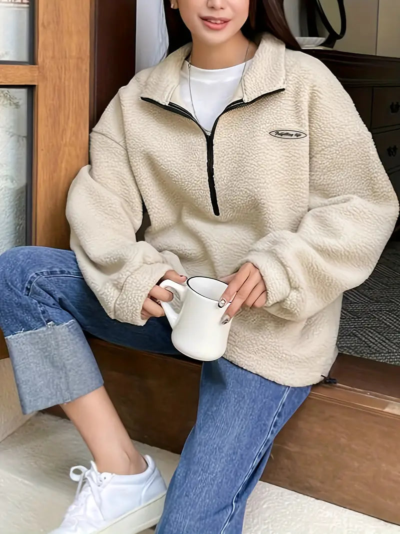 Front-Plush Half-Zip Pullover Sweatshirt — Cozy Long-Sleeve Casual Layer