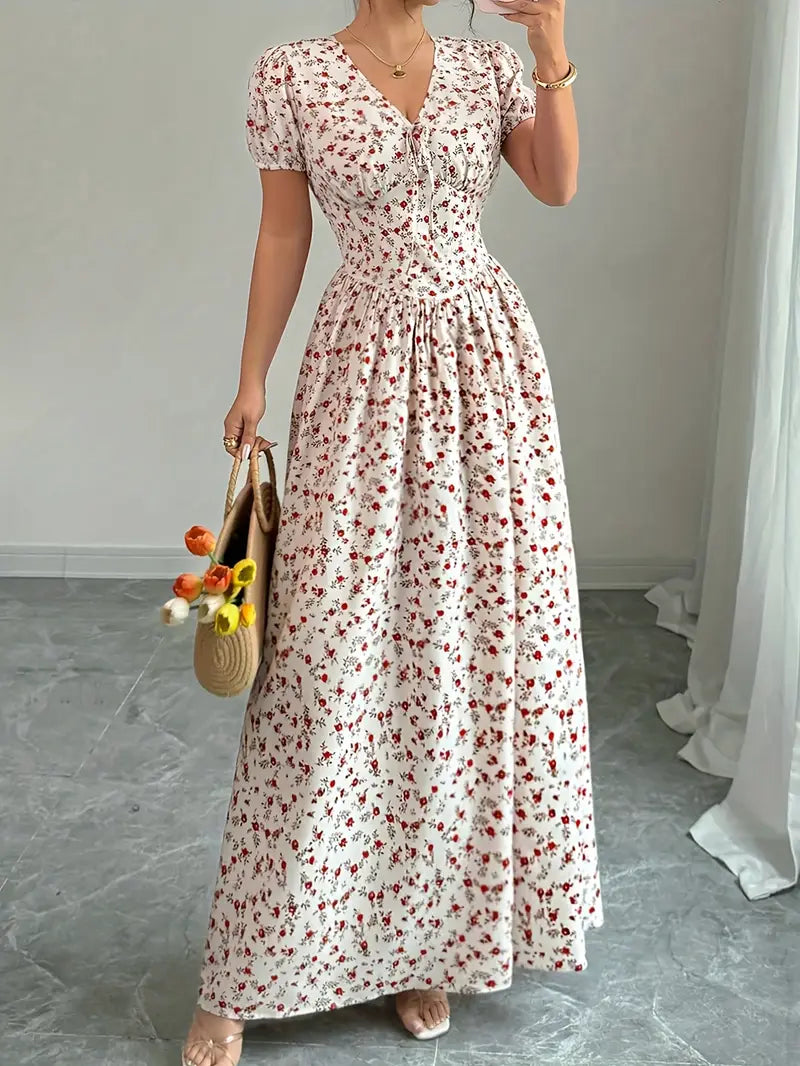 Scarlet Bloom V-Neck Floral Maxi Dress