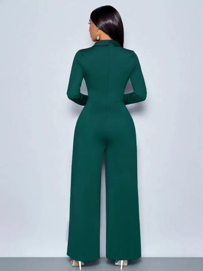 Elegant V-Neck Long-Sleeve Straight-Leg Jumpsuit for Spring & Autumn