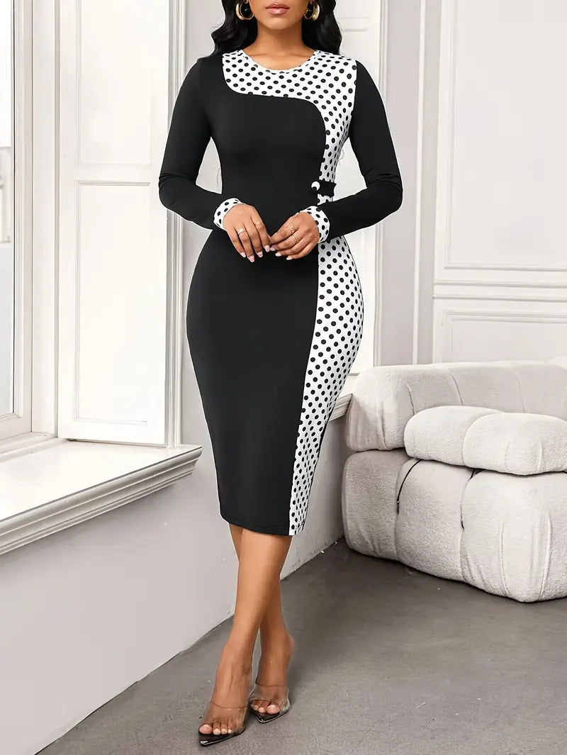 Elegant Polka Dot Bodycon Midi Dress with Button Detailing – Long Sleeve Knit Dress for Effortless Sophistication