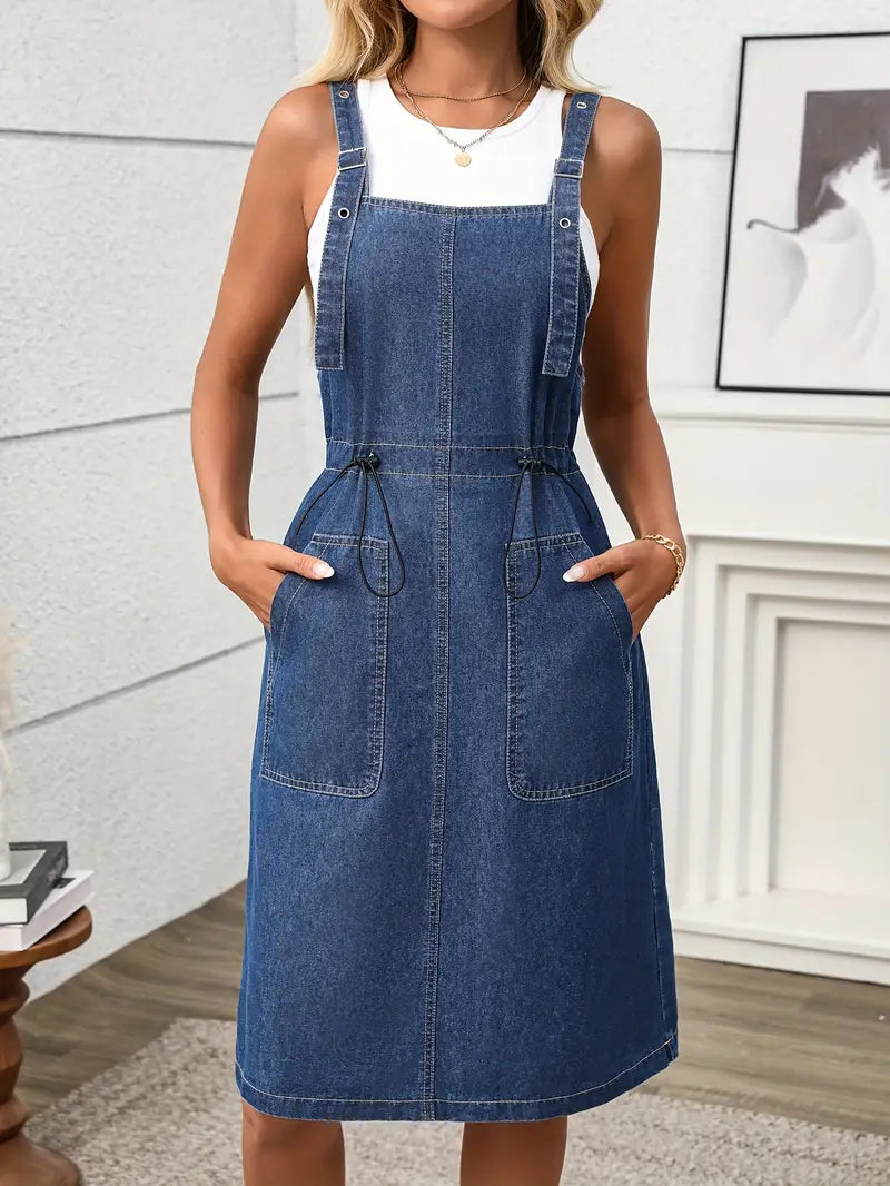 Spaghetti-Strap Denim Midi Dress with Adjustable Waist Tie & Button-Front Closure – Effortless Summer Elegance