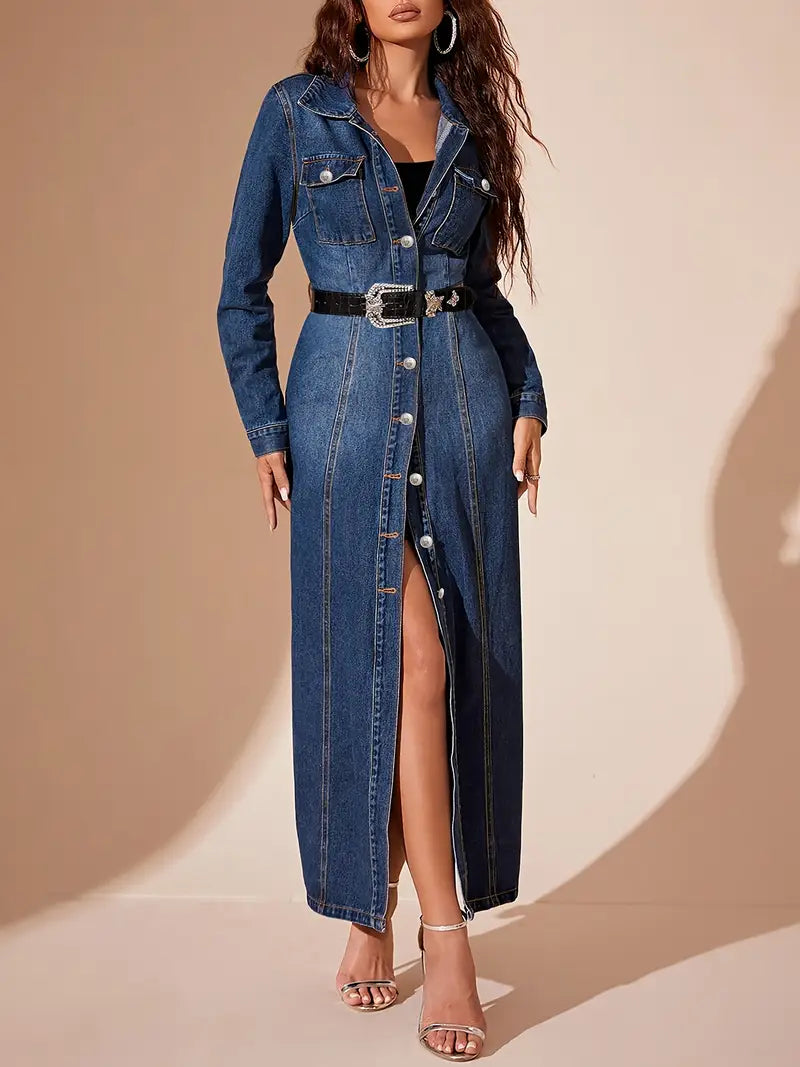 Classic Long Denim Coat – Elegant Button-Front Longline Jacket for Effortless Layering