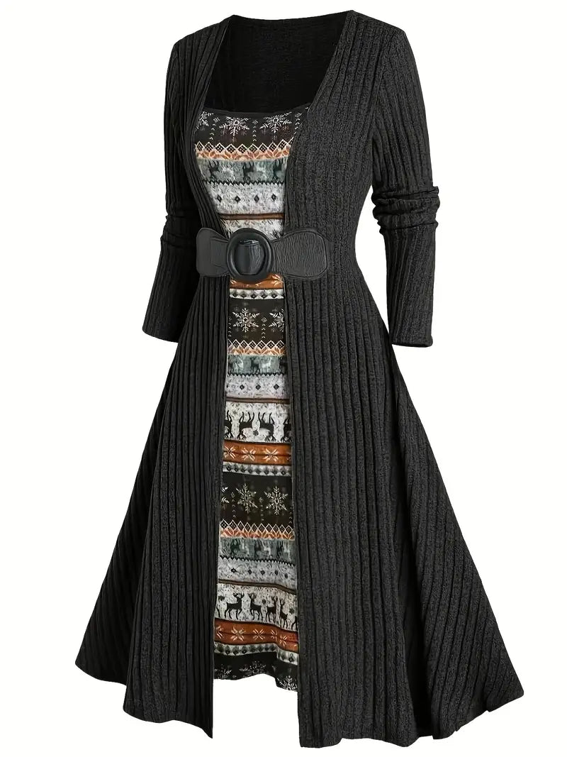 Ribbed Long-Sleeve Cardigan Dress with Square Neck & Color-Block Detailing — A-Line Polyester Knit for Fall