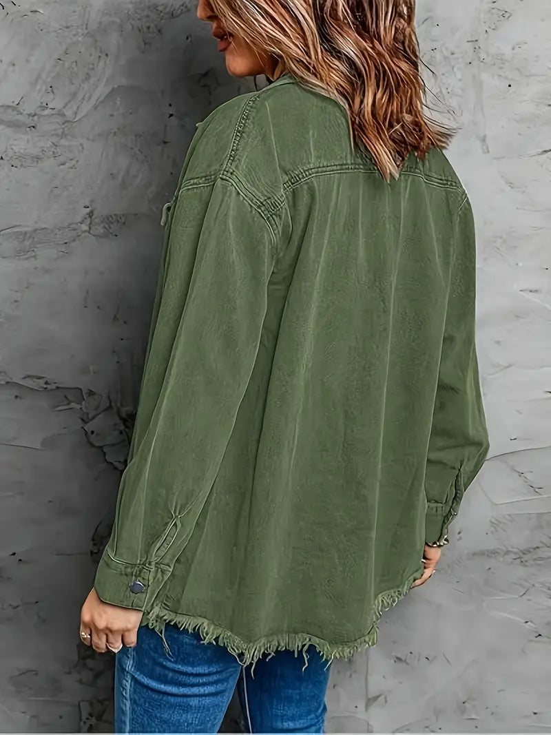 Oversized Fringe-Hem Denim Jacket – Western-Inspired Casual Outerwear for Women