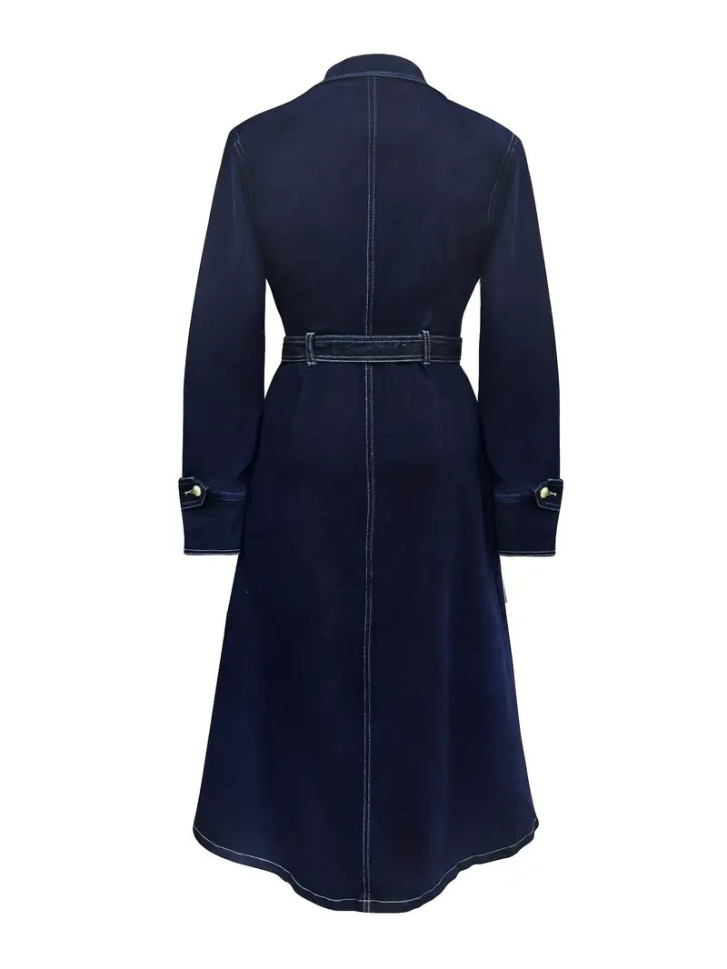 Elegant Navy Blue Oversized Long Coat with Belt and Button Detailing – Timeless Outerwear for Casual & Formal Occasions