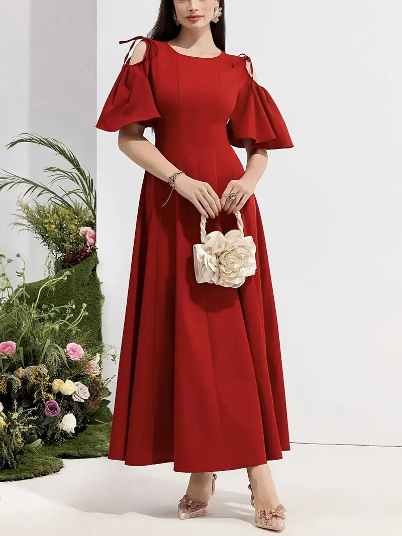Vibrant Red A-Line Midi Dress with Round Neck & Puff Sleeves – Polyester Blend for Casual & Formal Elegance