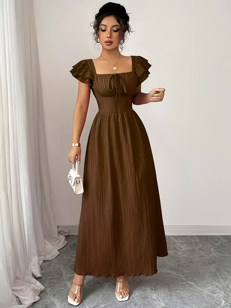 Pleated Square-Neck Dress with Bow-Front & Cinched Waist