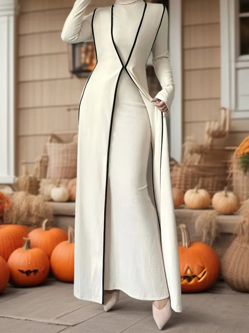 Color-Block Ribbed Turtleneck Dress Set (2-Piece) — Elegant Rib Knit Midi Dress & Matching Overlay for Chic Layered Style