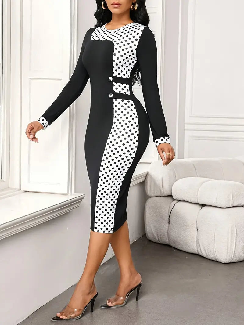 Elegant Polka Dot Bodycon Midi Dress with Button Detailing – Long Sleeve Knit Dress for Effortless Sophistication