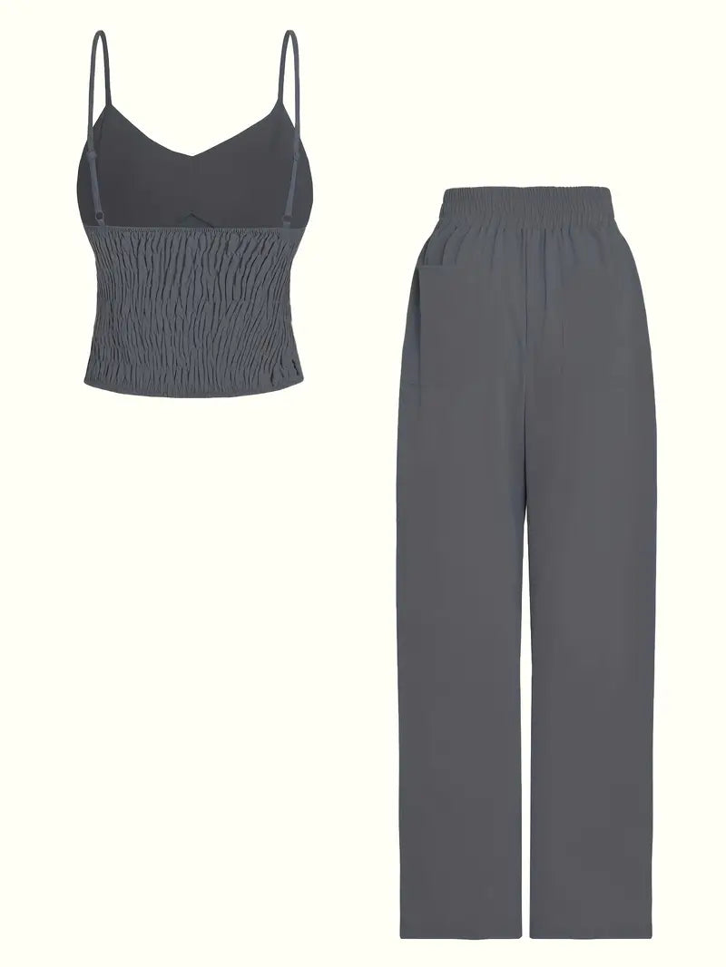 Elegant Off-Shoulder V-Neck Belted Suit Set for Women — 3/4 Sleeve Solid Color Ensemble in Lightweight Fabric