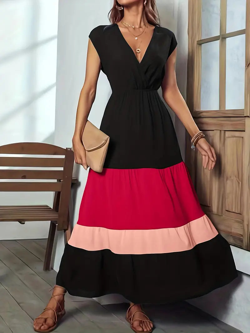 Color-Block Surplice Neck Sleeveless Maxi Dress — Elegant Sleeveless A-Line Silhouette for Refined Dressing