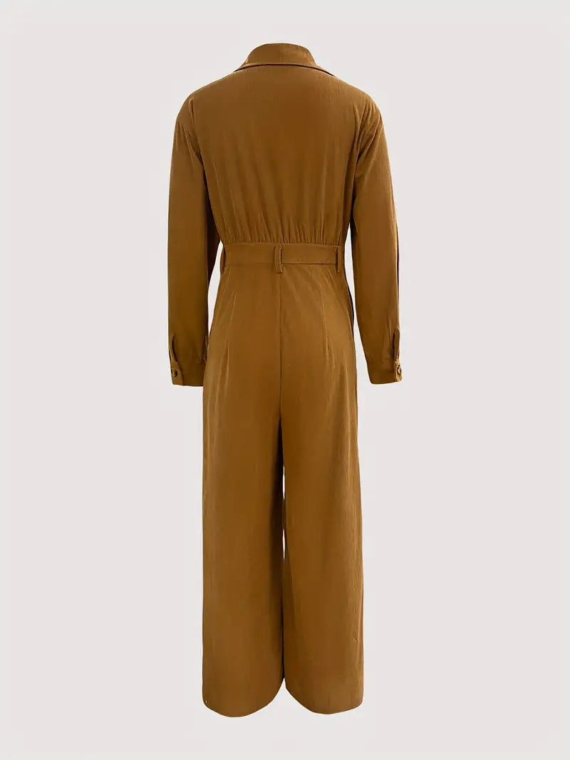 Solid-Color Button-Front Long-Sleeve Workwear Jumpsuit – Sleek All-in-One for Casual & Office Style