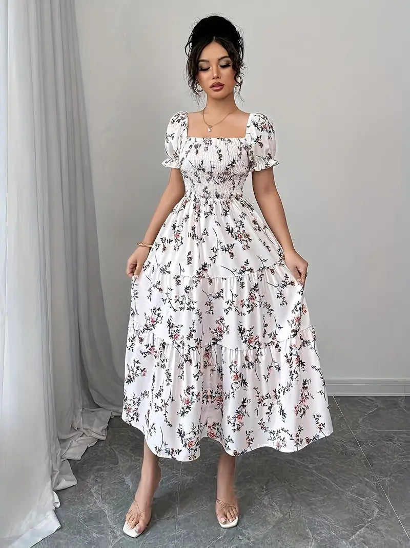 Elegant Floral Maxi Dress — Square Neck, Puff Sleeves & Flared Hem