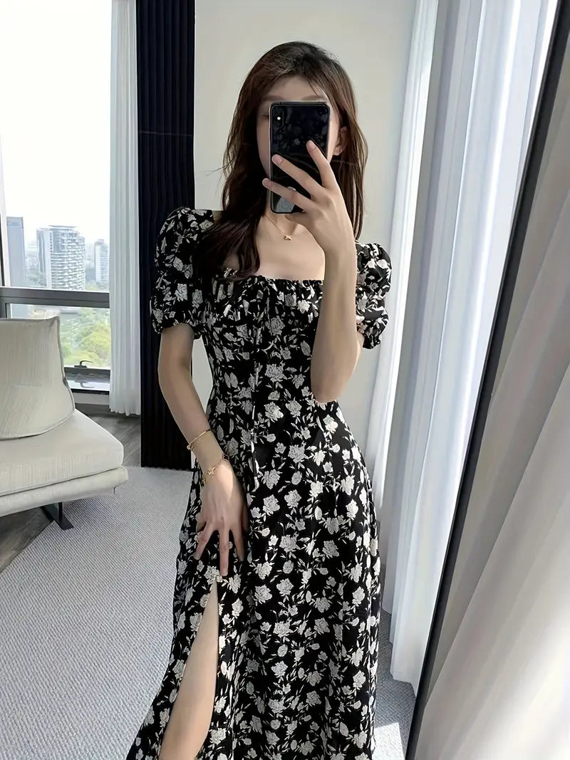 Elegant Floral Square-Neck Midi Dress