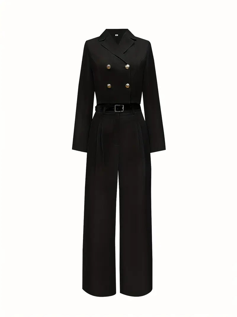 Elegant Double-Breasted Two-Piece Suit with Wide-Leg High-Waist Pants & Accessory Bag — Refined Power Ensemble for Modern Women