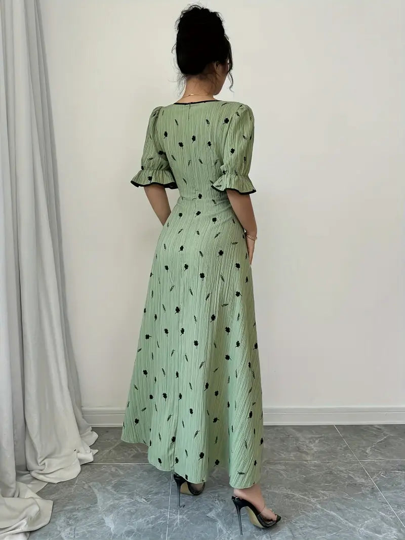 Elegant Floral Print Maxi Dress — Square Neck, Button Details & A-Line Silhouette