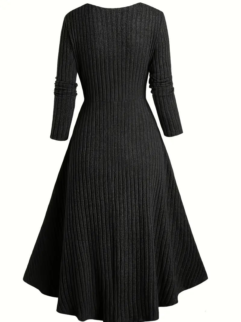 Ribbed Long-Sleeve Cardigan Dress with Square Neck & Color-Block Detailing — A-Line Polyester Knit for Fall