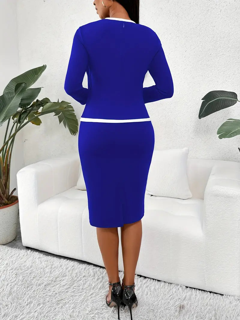 2-in-1 Contrast Trim Bodycon Dress – Elegant Long Sleeve Office & Formal Midi Dress for Modern Women