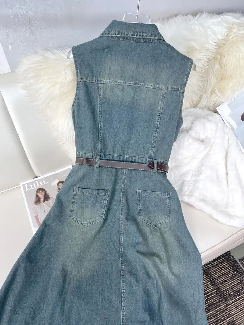 Sleeveless Long Denim Belted Maxi Dress with Chest Pockets & Button-Front Closure – Vintage Casual Elegance