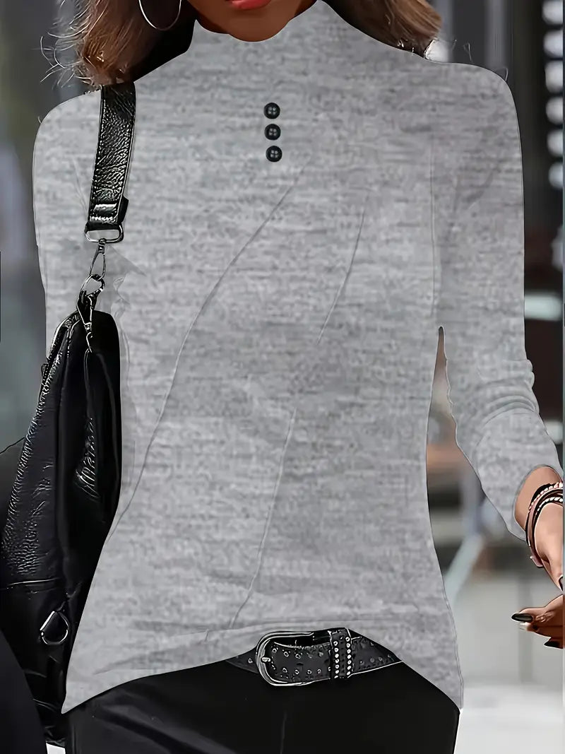Elegant Long-Sleeve High-Neck Top with Decorative Buttons