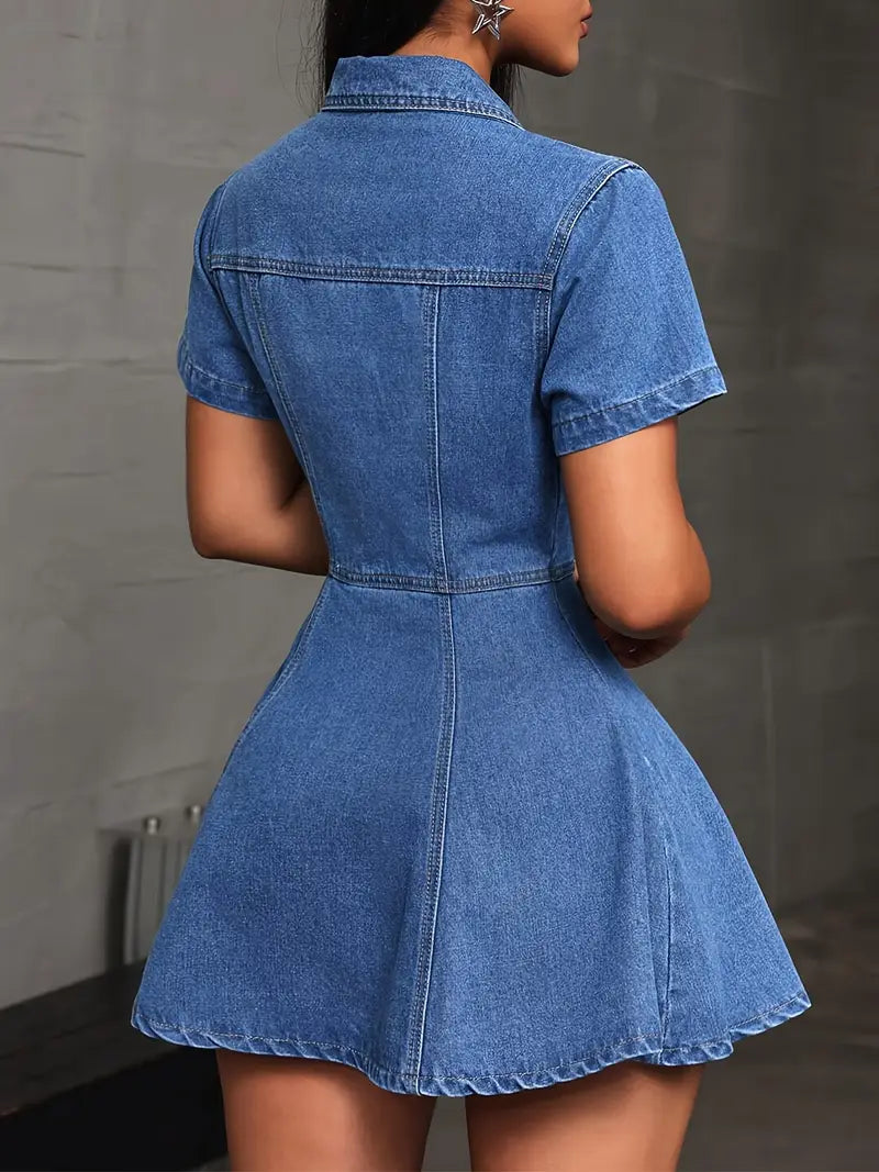 Classic Short-Sleeve Denim-Style Button-Front Dress with Pockets – Effortless Everyday Elegance
